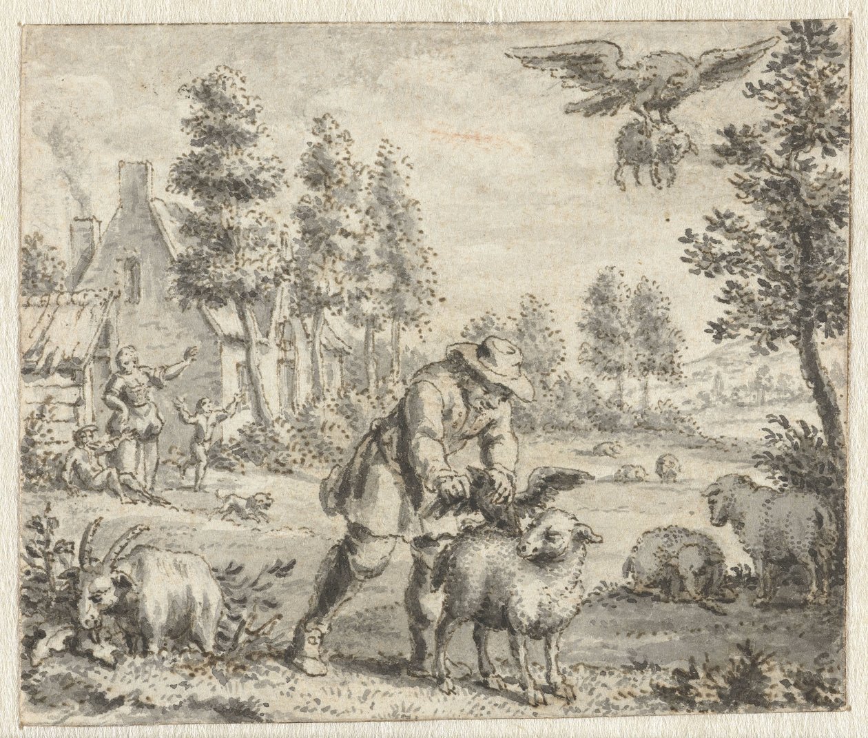 Raaf die de adelaar wil imiteren Ontwerpen voor illustraties voor een uitgave van Jean de la Fontaine