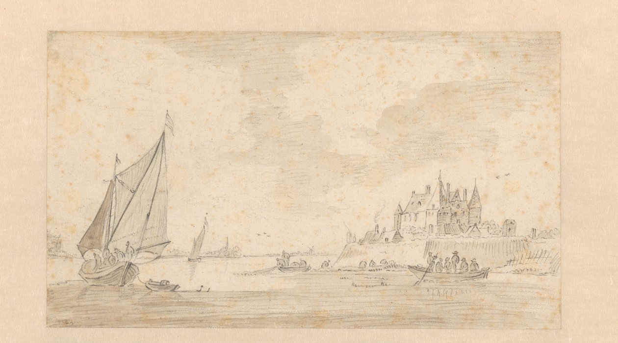 Rivierlandschap met kasteel door Anonymous