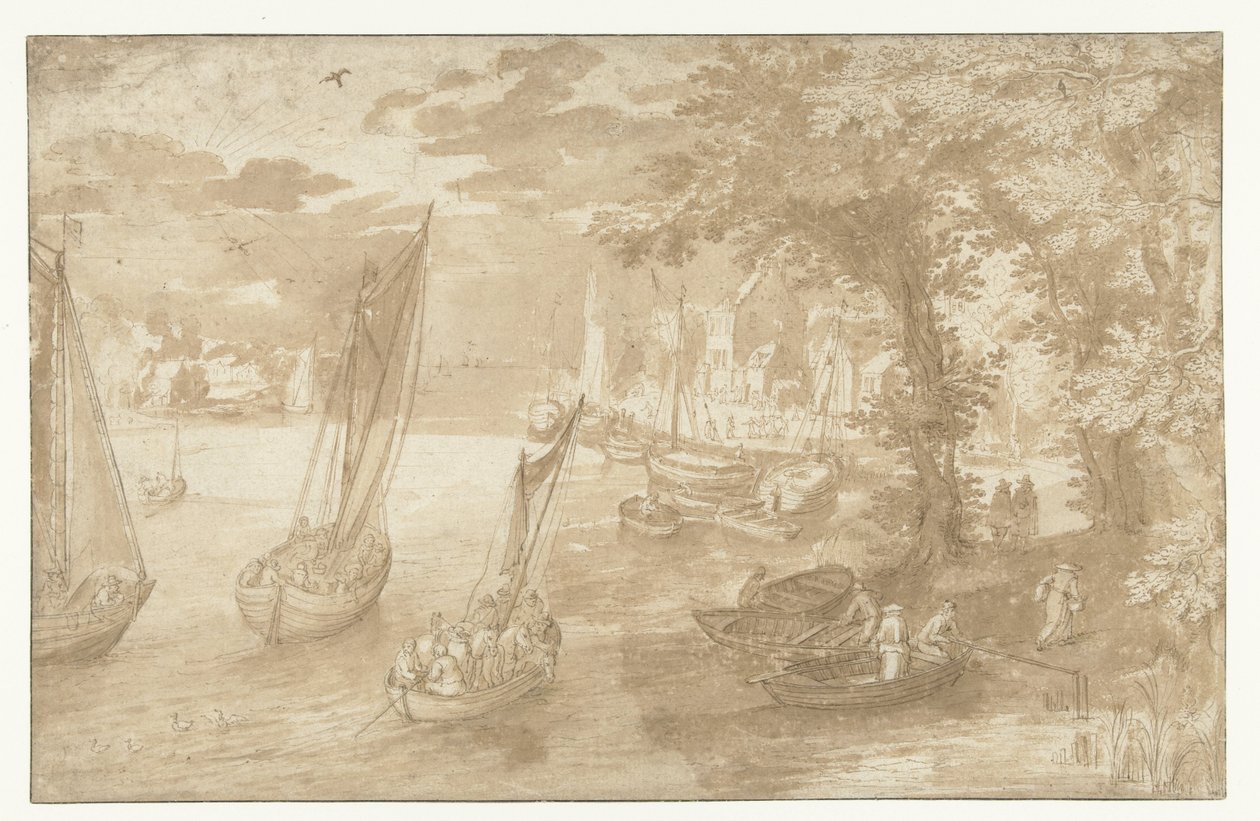 Rivierlandschap met rechts een aanlegplaats door Anonymous