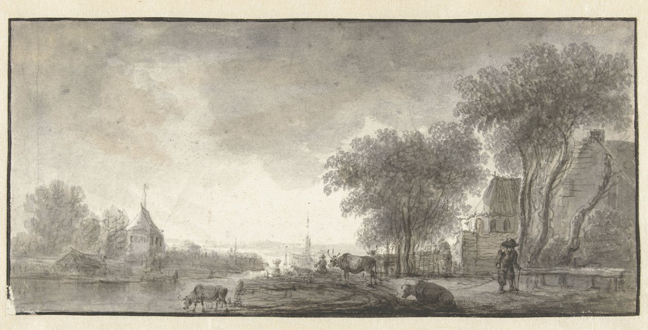 Rivierlandschap met vee en enkele huizen door Anonymous