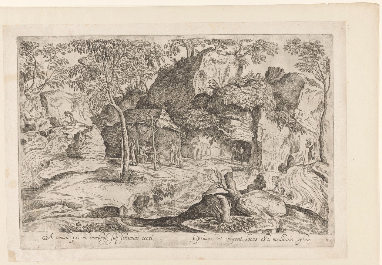 Rotsachtig landschap met dak op palen en rechts leeuw door Anonymous