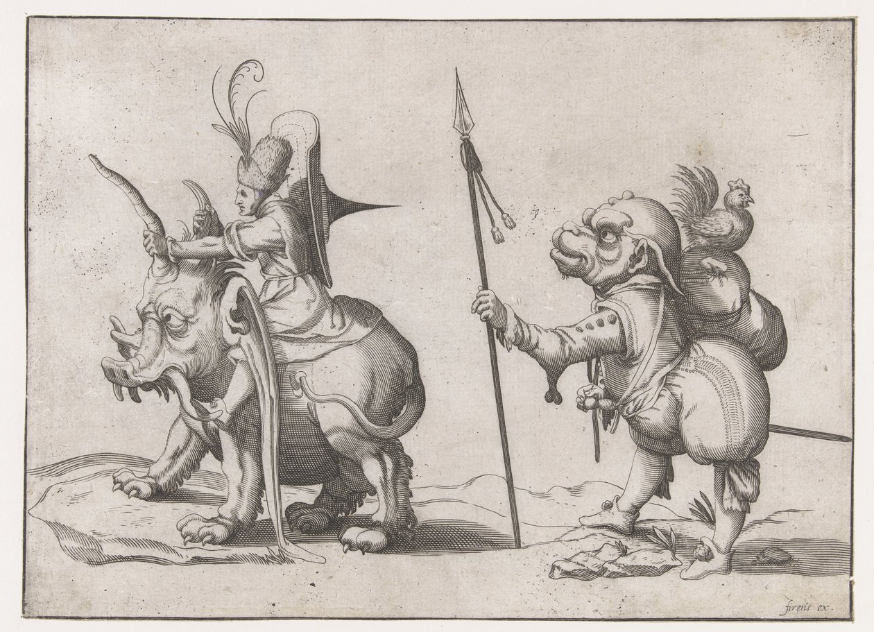 Ruiter op een olifantachtig monster (Groteske figuren omgeven door een kaderlijn) (series title) door Anonymous