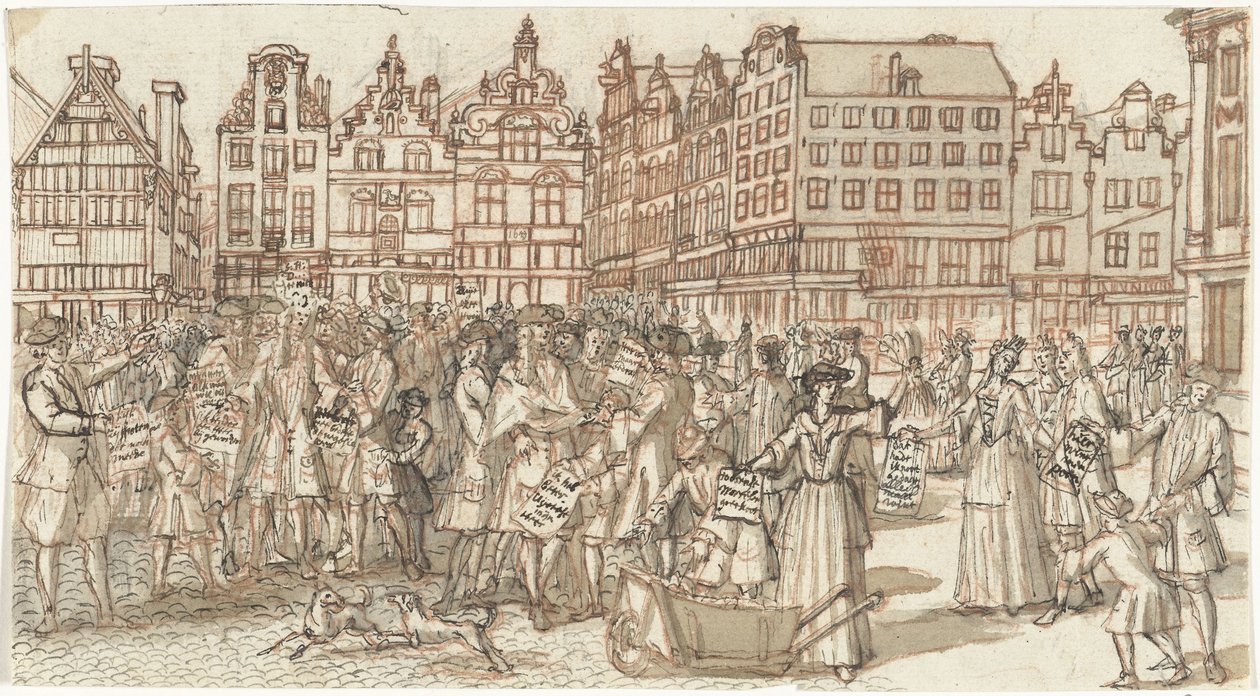 Schuldeiser en armoedzaaier, 1720 (Het Groote Tafereel der Dwaasheid) door Anonymous