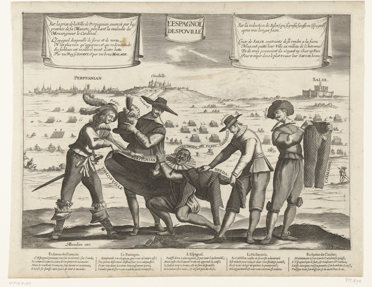 Spotprent op de Spanjaarden na het verlies van Breda, Thionville, Perpignan, Portugal en Catalonië, 1643 door Anonymous