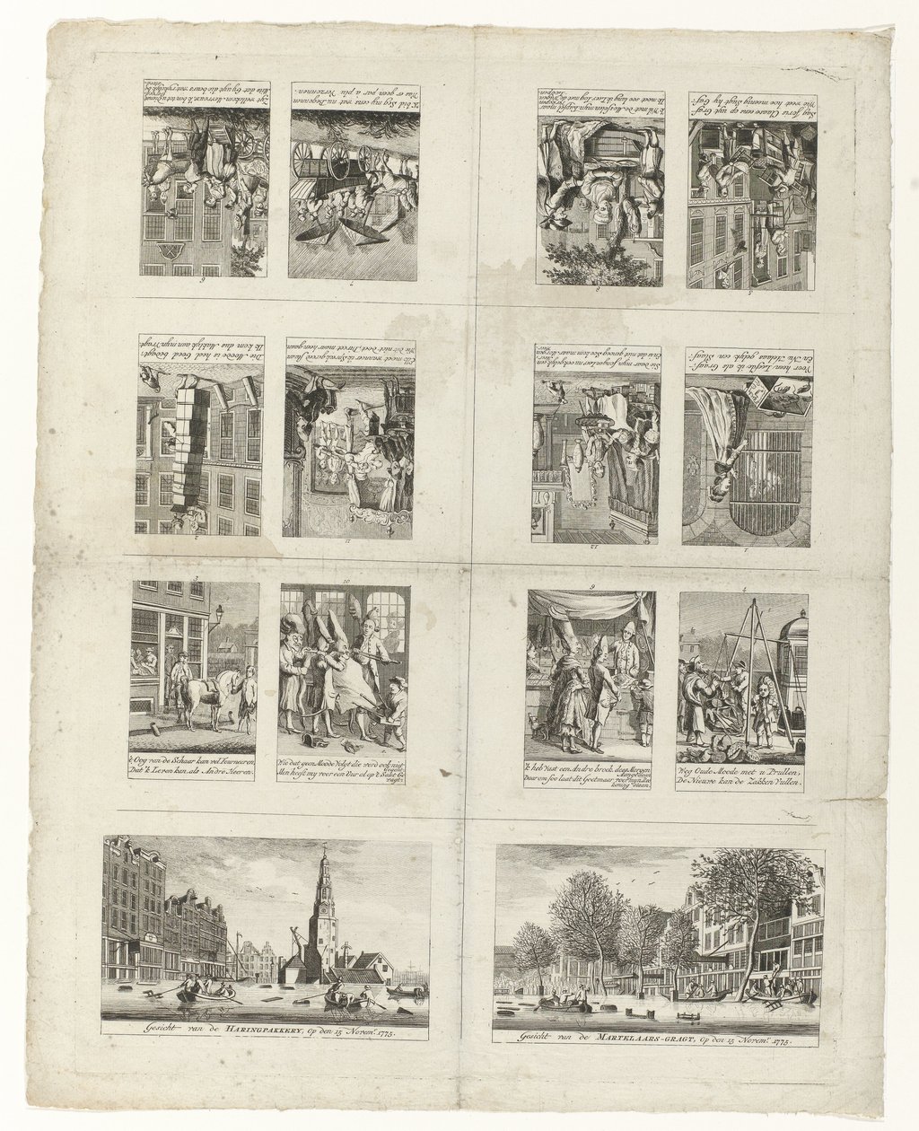 Spotprenten op de mode en twee gezichten op Amsterdam tijdens de overstromingen van 1775 door Anonymous