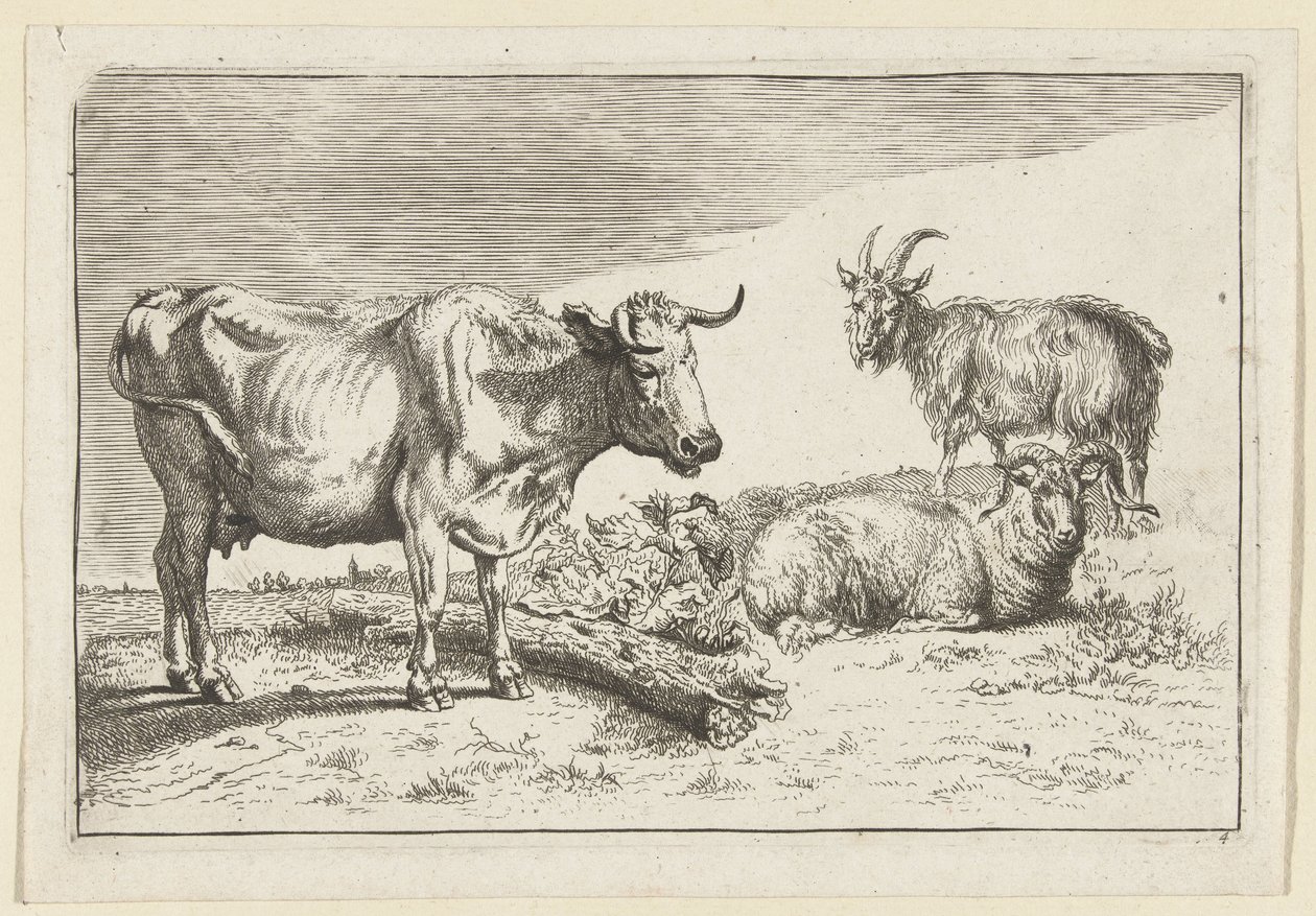 Staande koe met gedraaide hoorn met een schaap en een geit door Anonymous
