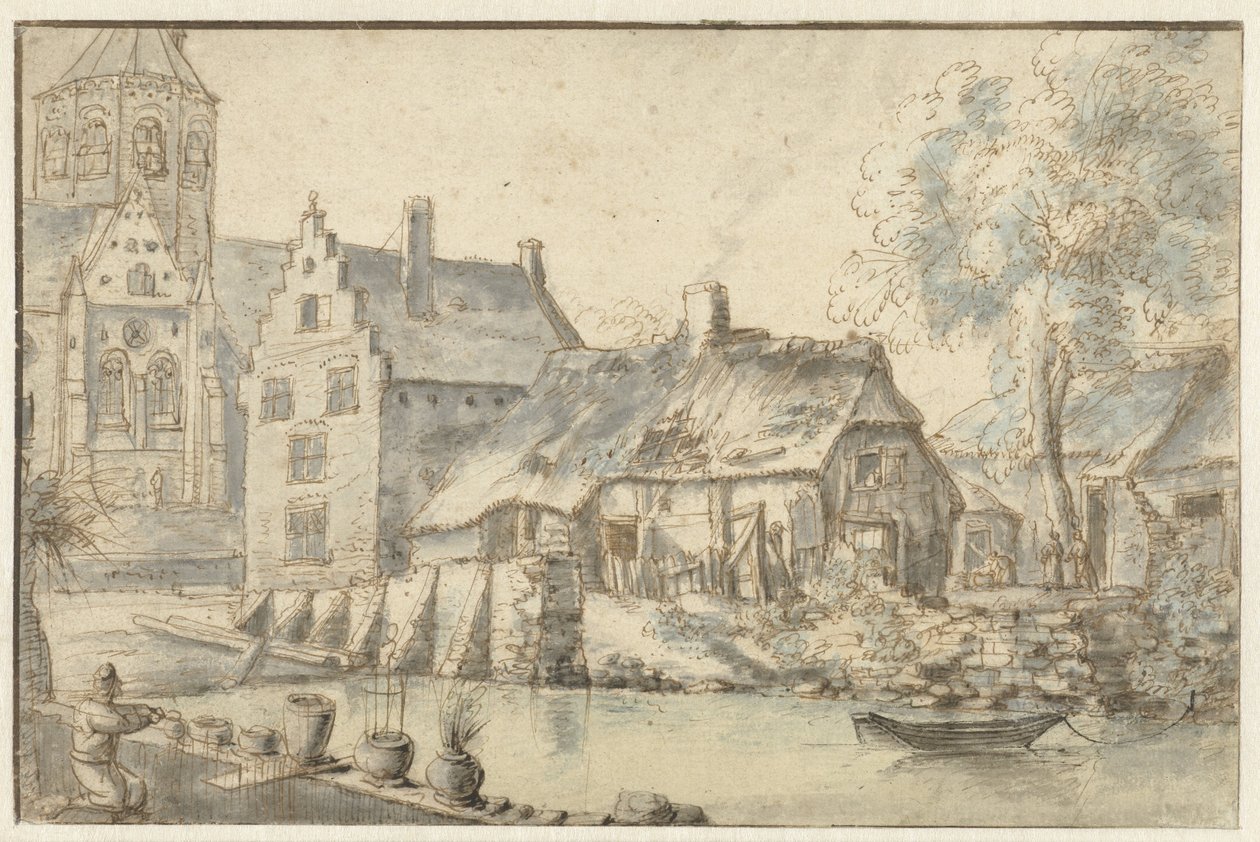 Stadsgezicht met een grote kerk door Anonymous