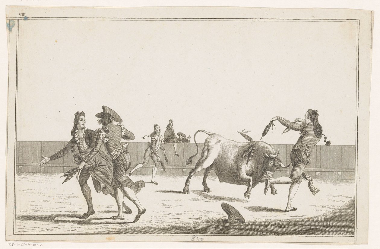Stier wordt uitgedaagd met banderillas (Verzameling van de belangrijkste manoeuvres bij het stierenvechten) door Anonymous