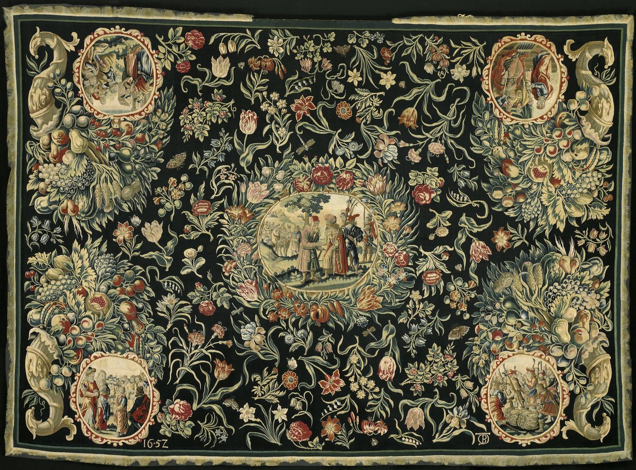 Tafelkleed met de geschiedenis van Jozef en een bloemenpatroon door Anonymous