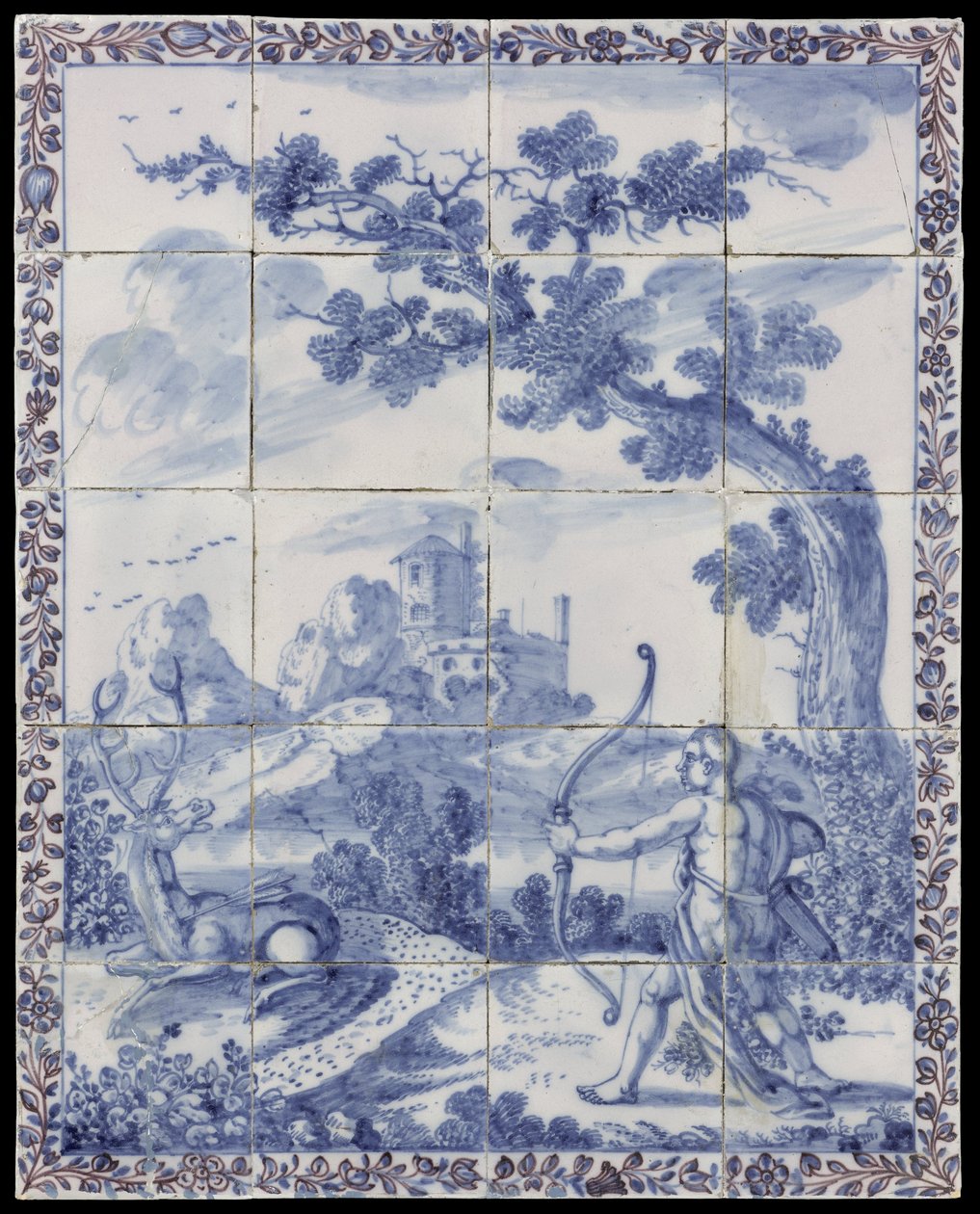 Tegeltableau met in blauw een landschap met mythologische voorstelling: Cyparissus verandert in een cypres door Anonymous