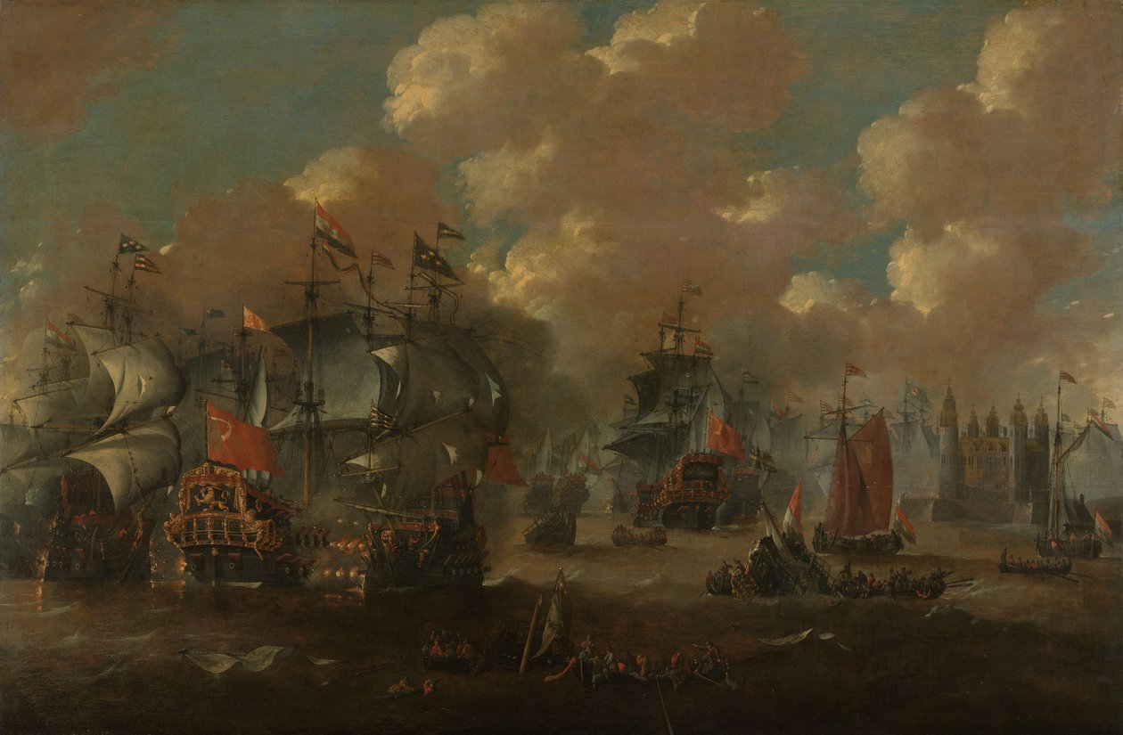 De Slag bij de Sont met de Eendracht die twee Zweedse oorlogsschepen aanvalt, 1658 door Anonymous