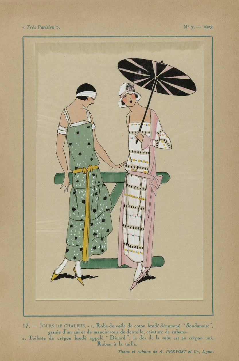 Très Parisien, 1923, No 7: 17.- JOURS DE CHALEUR. - 1. Jurk van katoenen voile... door Anonymous