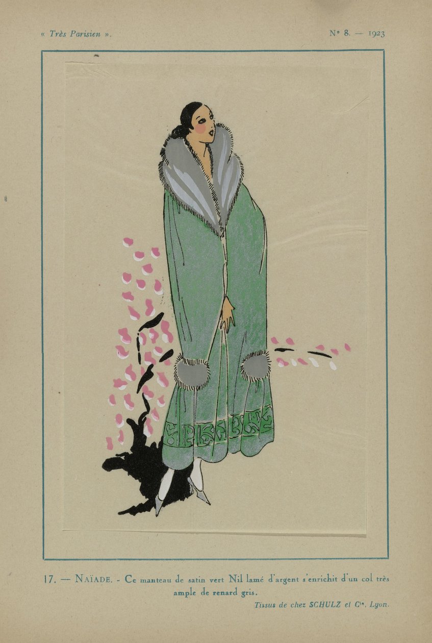 Très Parisien, 1923, No 8: 17.- NAÏADE. - Deze mantel van groene satijn... door Anonymous