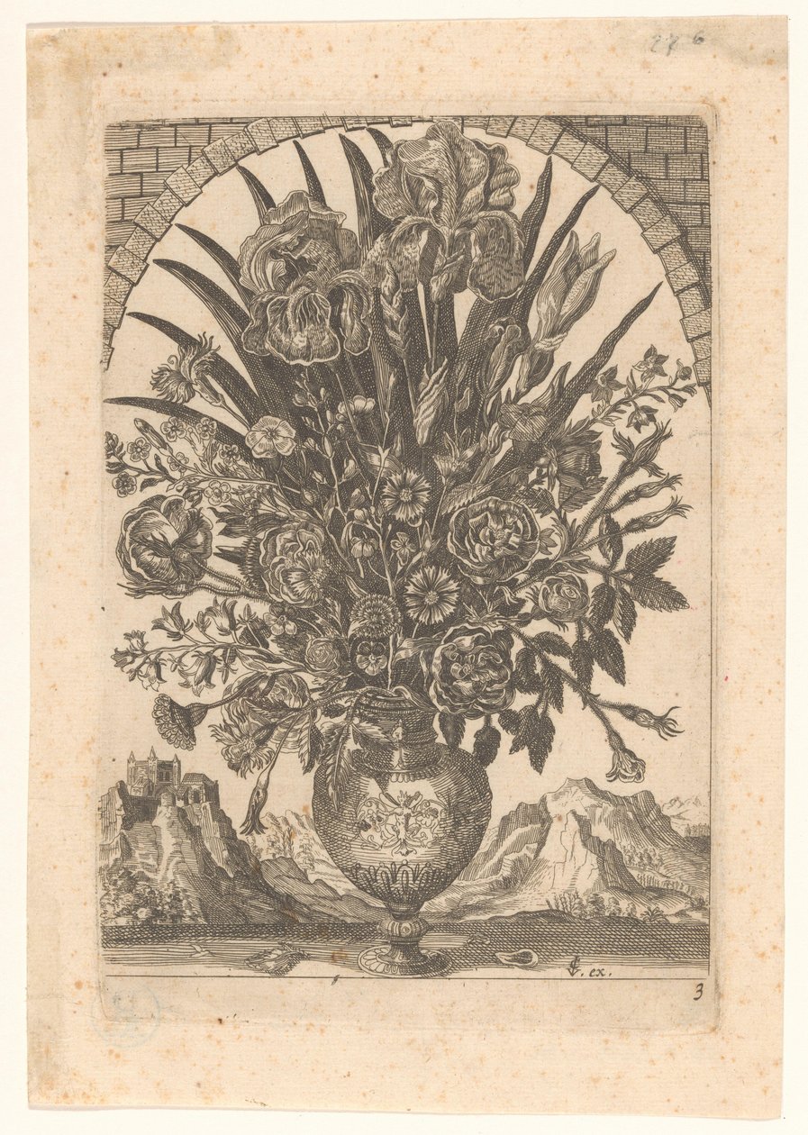 Vaas met bloemen en berglandschap door Anonymous