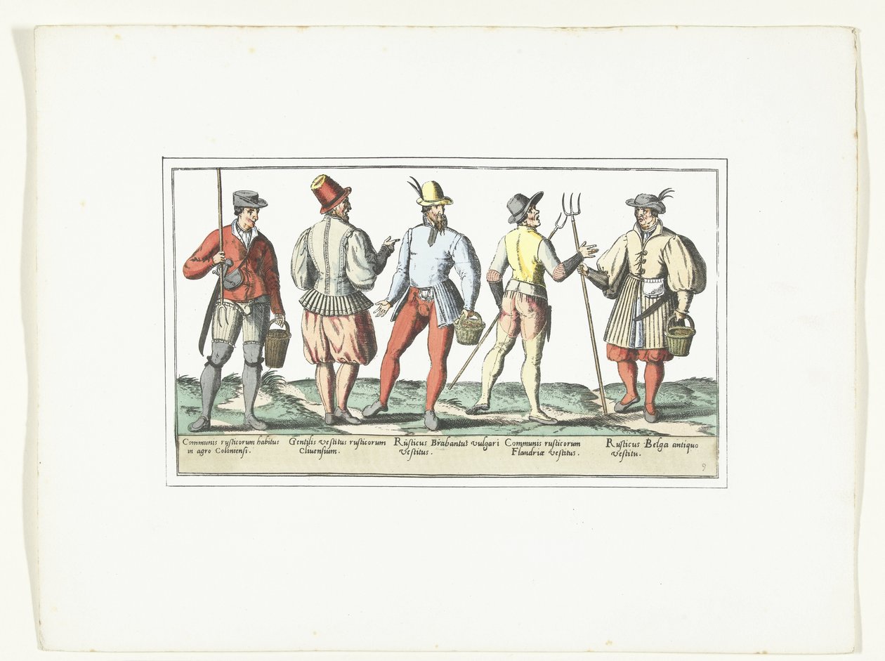 Vier boeren gekleed volgens de huidige mode en één naar de oude mode, ca. 1580 door Anonymous