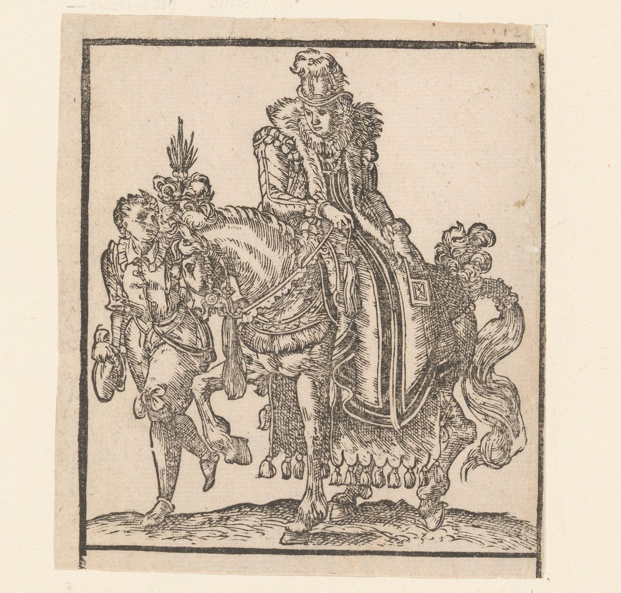 Vrouw te paard met knecht aan haar zijde Kopieën naar ruiters van Jost Amman (series title) door Anonymous
