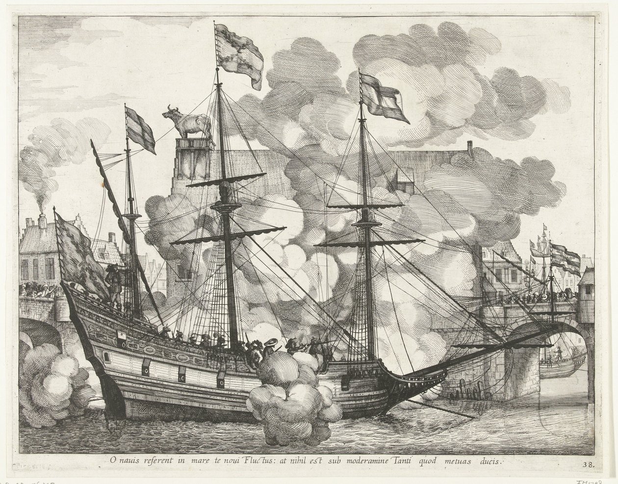 Zeilschip, naar rechts; intocht van Ferdinand te Gent in 1635 door Anonymous