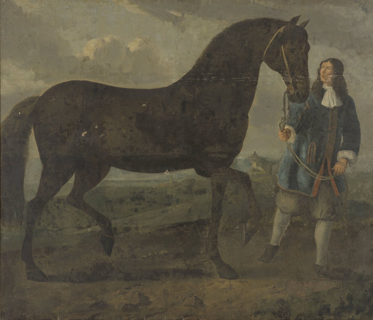 Zwart paard geleid door een stalknecht door Anonymous
