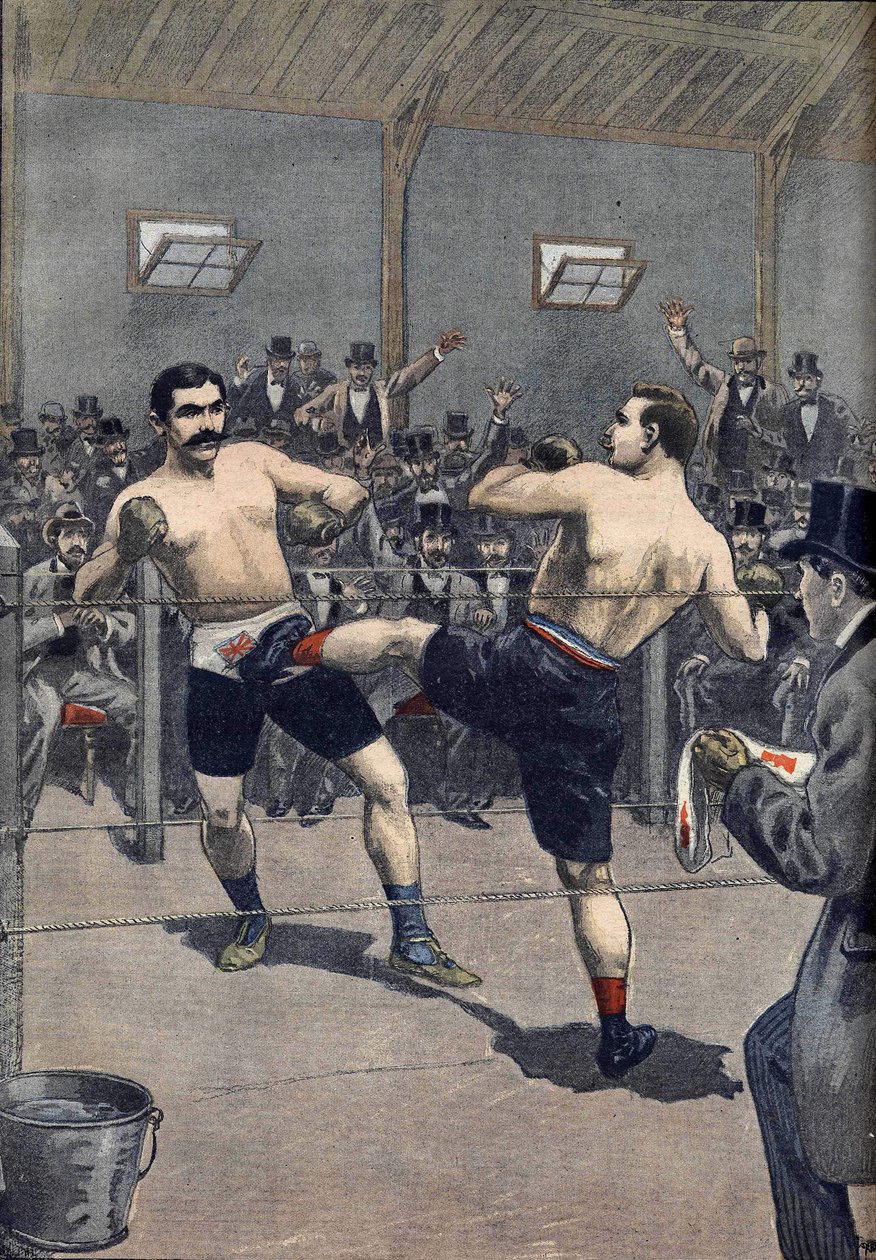Een bokswedstrijd: overwinning van de Franse kampioen Joseph Charlemont (1839-1918) tegen Jerry Discroll met de techniek van 