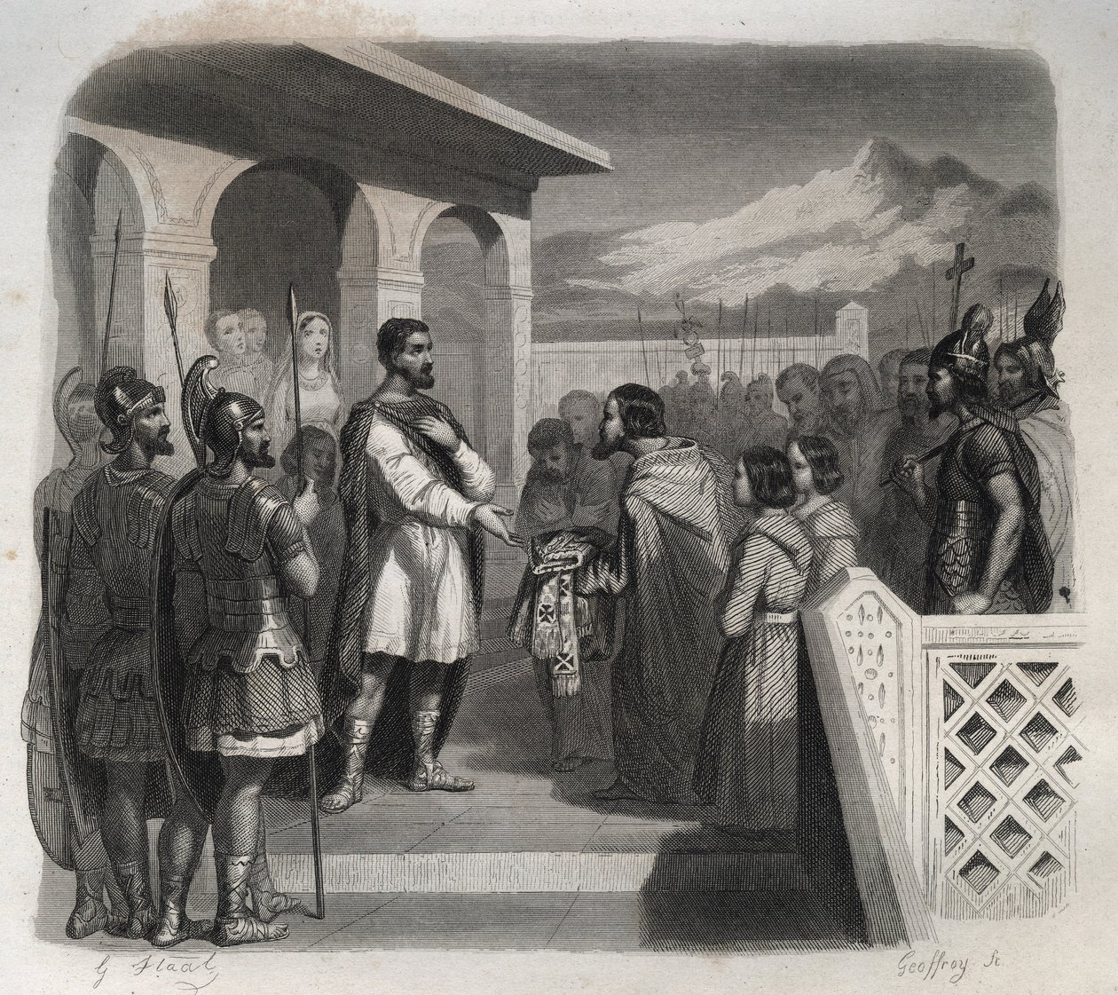 Een deputatie van de stad Clermont biedt het episcopaat aan Sint Sidoine Apollinar (Caius Sollius Apollinaris Sidonius) politicus, bisschop en Gallo-Romeinse schrijver (430-486). Gravure uit 1846 in 