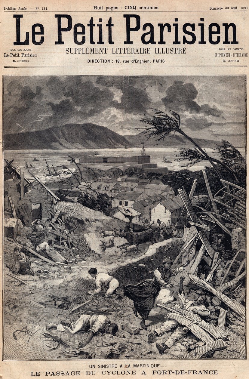 Een ramp in Martinique: de passage van de cycloon in Fort-de-France (Fort de France) in 1891. Gravure in 