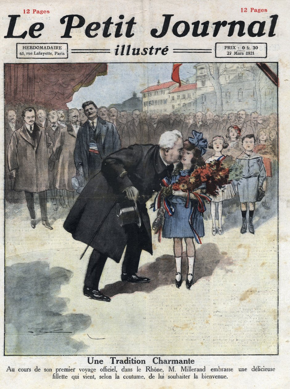 Een klein meisje biedt een boeket in driekleurige kleuren aan de President van de Republiek Alexandre Millerand tijdens een van haar verplaatsingen in de Rhône. Illustratie uit 