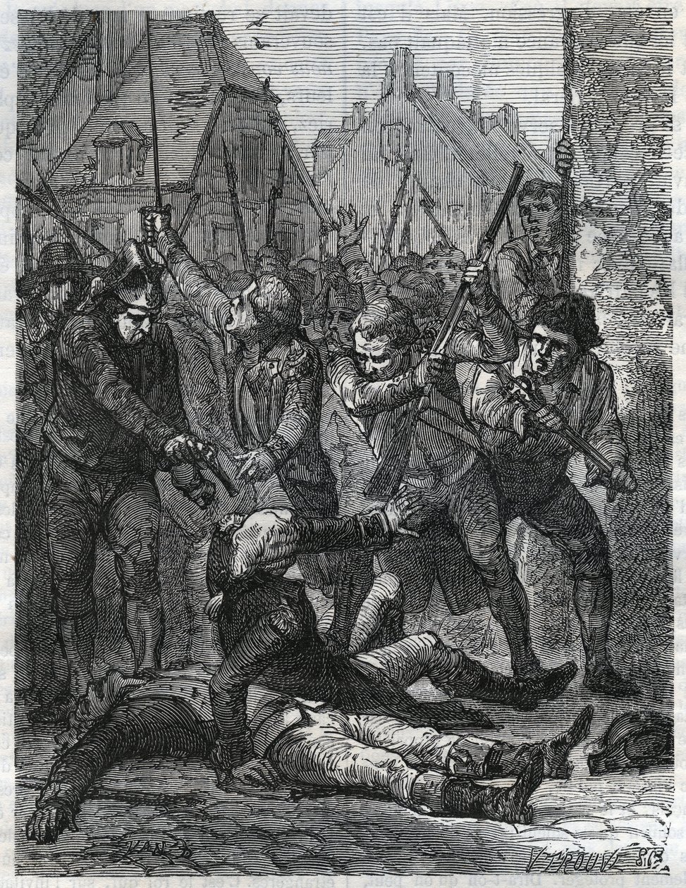 Een scène tijdens de Franse Revolutie: Theobald de Dillon (1745-1792) en een genieofficier genaamd Berthois, werden vermoord door de soldaten en het volk van Lille, die hen beschuldigden van verraad. Gravure uit 1866 in 