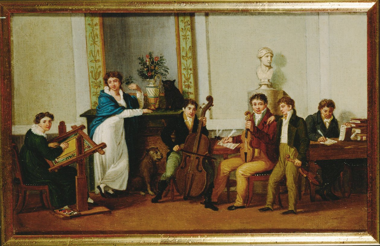 Een trio voor strijkers in een burgerlijke setting ... (schilderij op doek) door Anonymous Anonymous