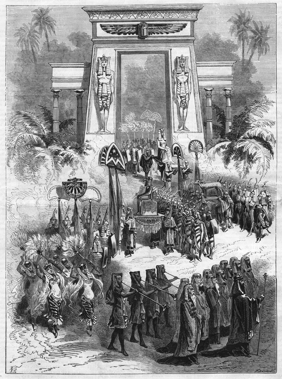 Act II van het stuk, Aida. Grand opera in vier bedrijven en zeven schilderijen door Giuseppe Verdi (1813-1901) speelt in het Italiaanse theater in Parijs. Gravure in "L