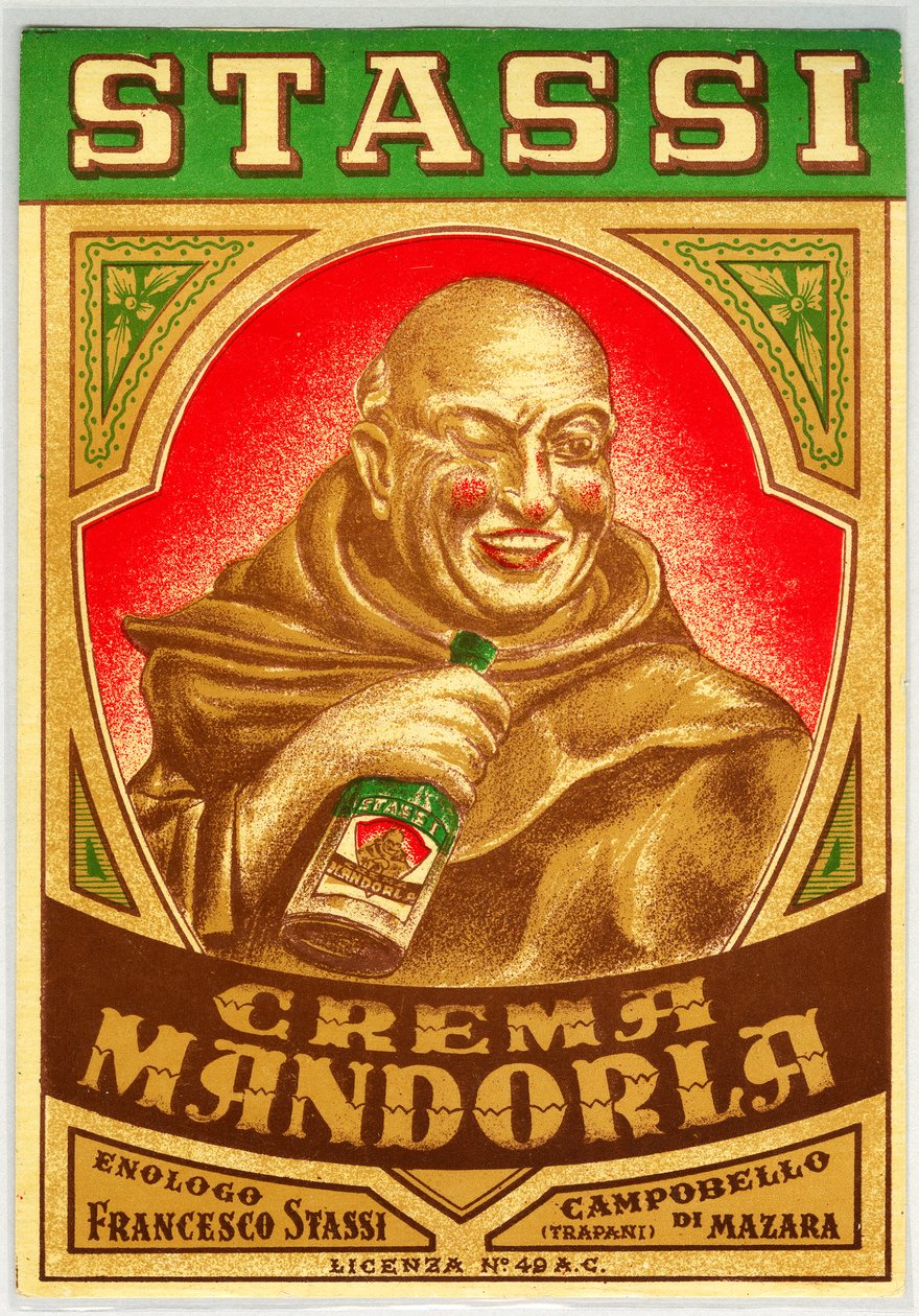 Advertentie voor amandellikeur met een monnik met rode wangen door Anonymous Anonymous
