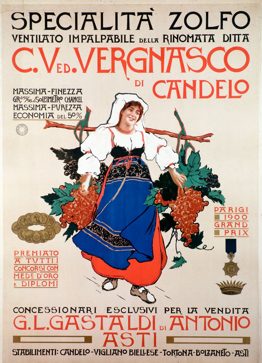 Reclameposter voor het fungicide gezeefd zwavel geproduceerd door het Italiaanse bedrijf Vergnasco Candelo door Anonymous Anonymous