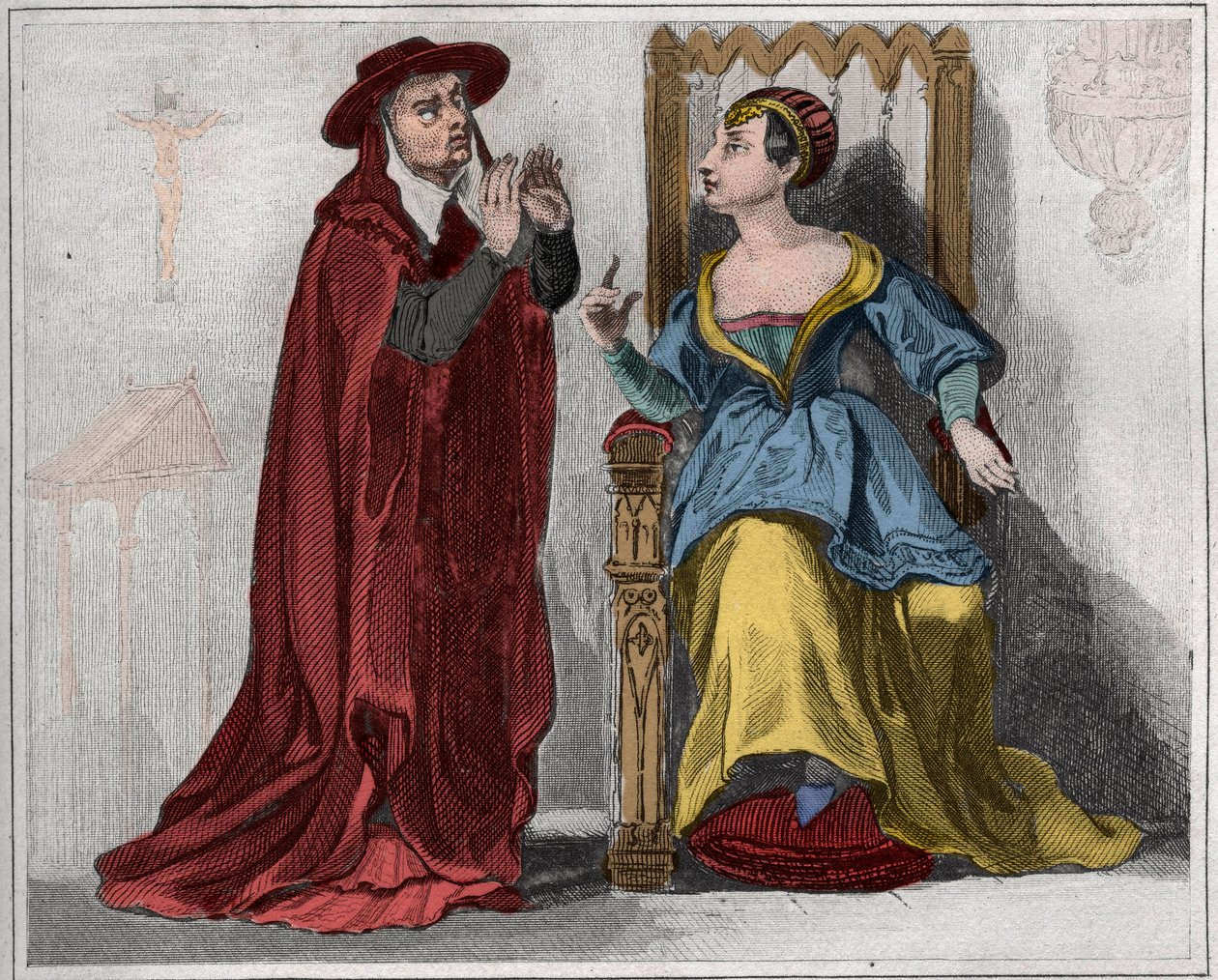 Agnes Sorel (1422-1450) (Dame van Beaute sur Marne) met een kardinaal. Gravure uit 1859 in 