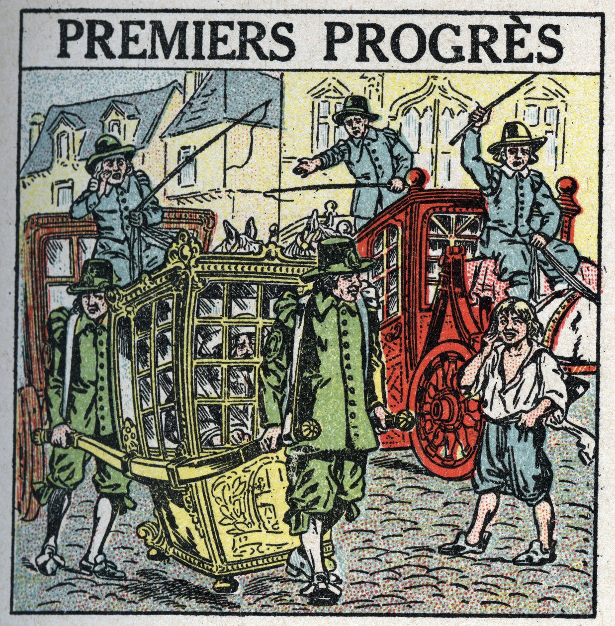Dierlijke tractie: een draagstoel die het verkeer verstoort. Anonieme illustratie uit 1925. Privécollectie. door Anonymous Anonymous