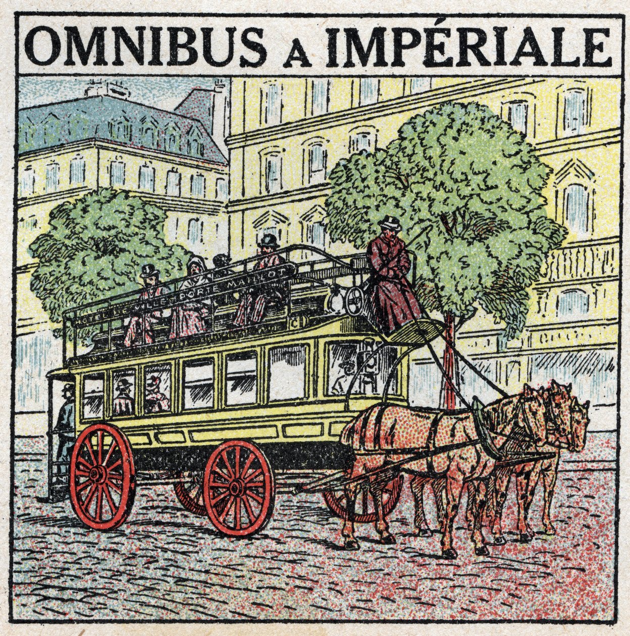 Dierlijke tractie: omnibus een imperiale in de 19e eeuw. Anonieme illustratie uit 1925. Privécollectie. door Anonymous Anonymous