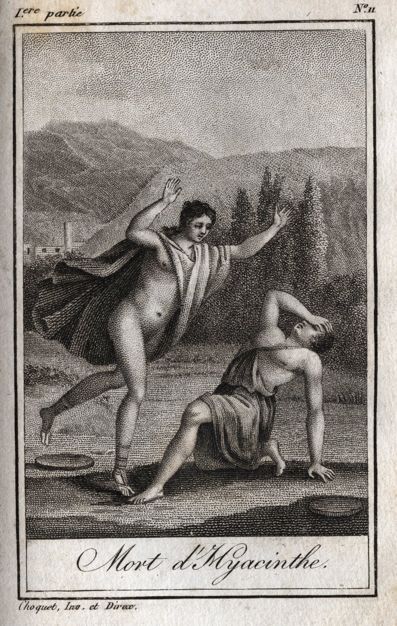Apollo en Hyacinthos (Dood van Hyacinthe) Gravure uit 1819 in "Lettres à Emilie sur la mythologie" door Charles Albert Demoustier (1760-1801). Privécollectie. door Anonymous Anonymous
