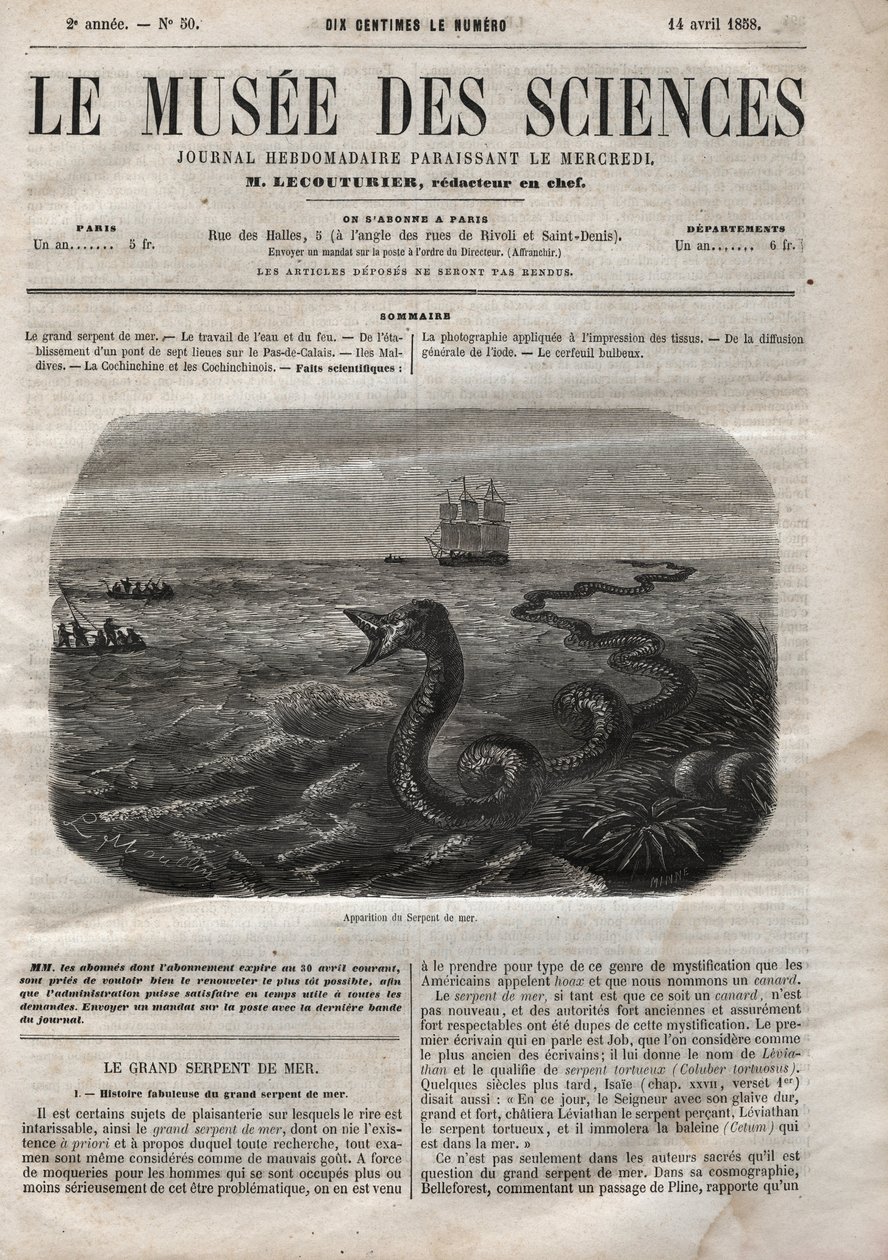 Verschijning van de zeeslang. Gravure uit 1858. Een van de "Musée des sciences" van 14 april door Anonymous Anonymous