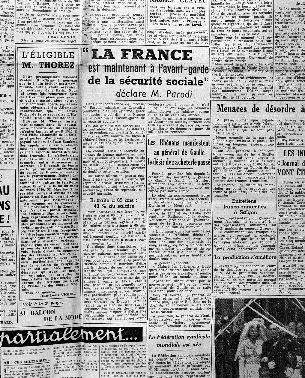 Artikel over sociale zekerheid: "Frankrijk loopt nu voorop in sociale zekerheid zegt meneer Parodi" 1945 door Anonymous Anonymous