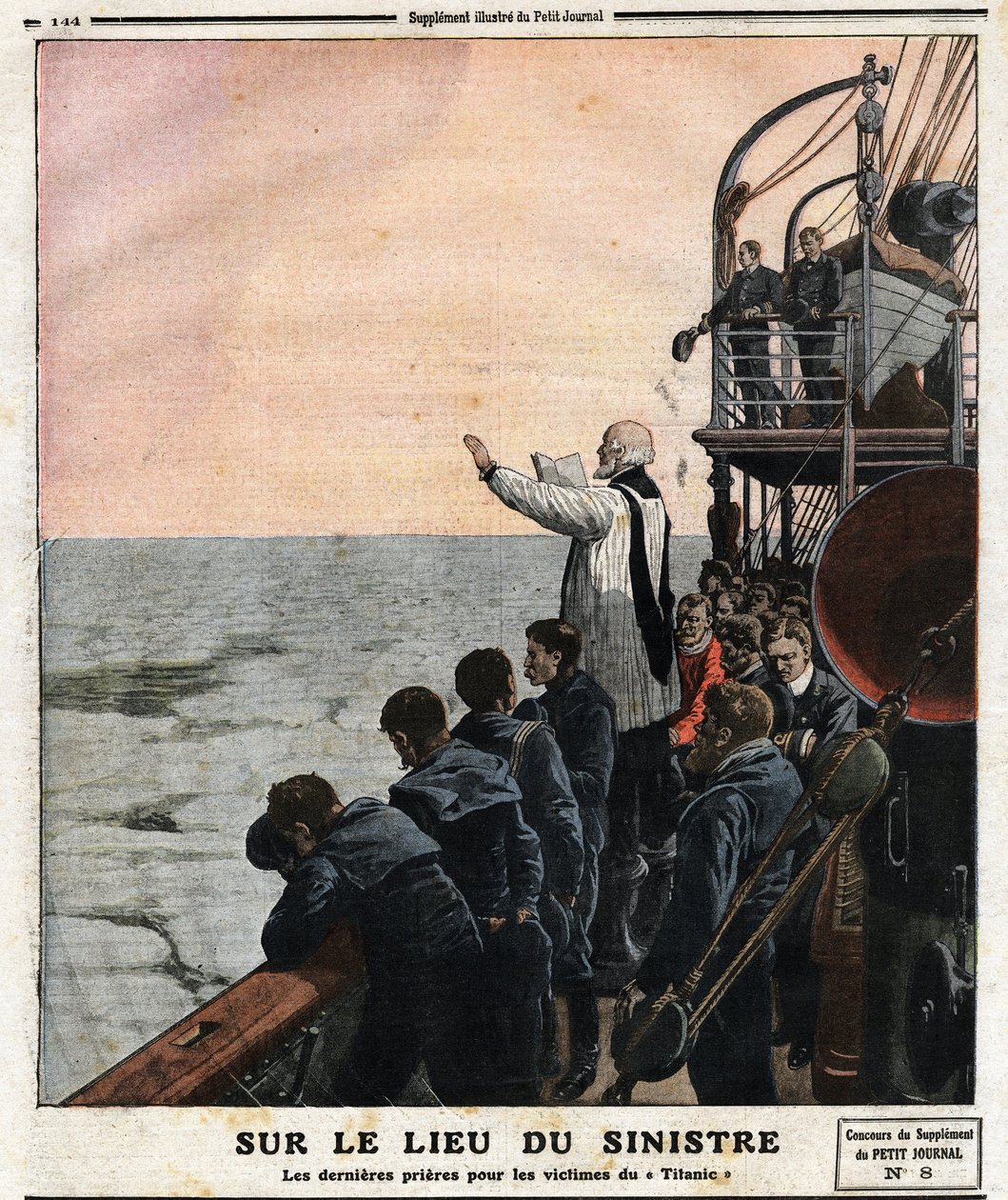 Op de plaats van de ramp, de laatste gebeden voor de slachtoffers van de Titanic. Tijdens zijn eerste reis van Southampton naar New York, botste de Britse trans-Atlantische lijnschip 