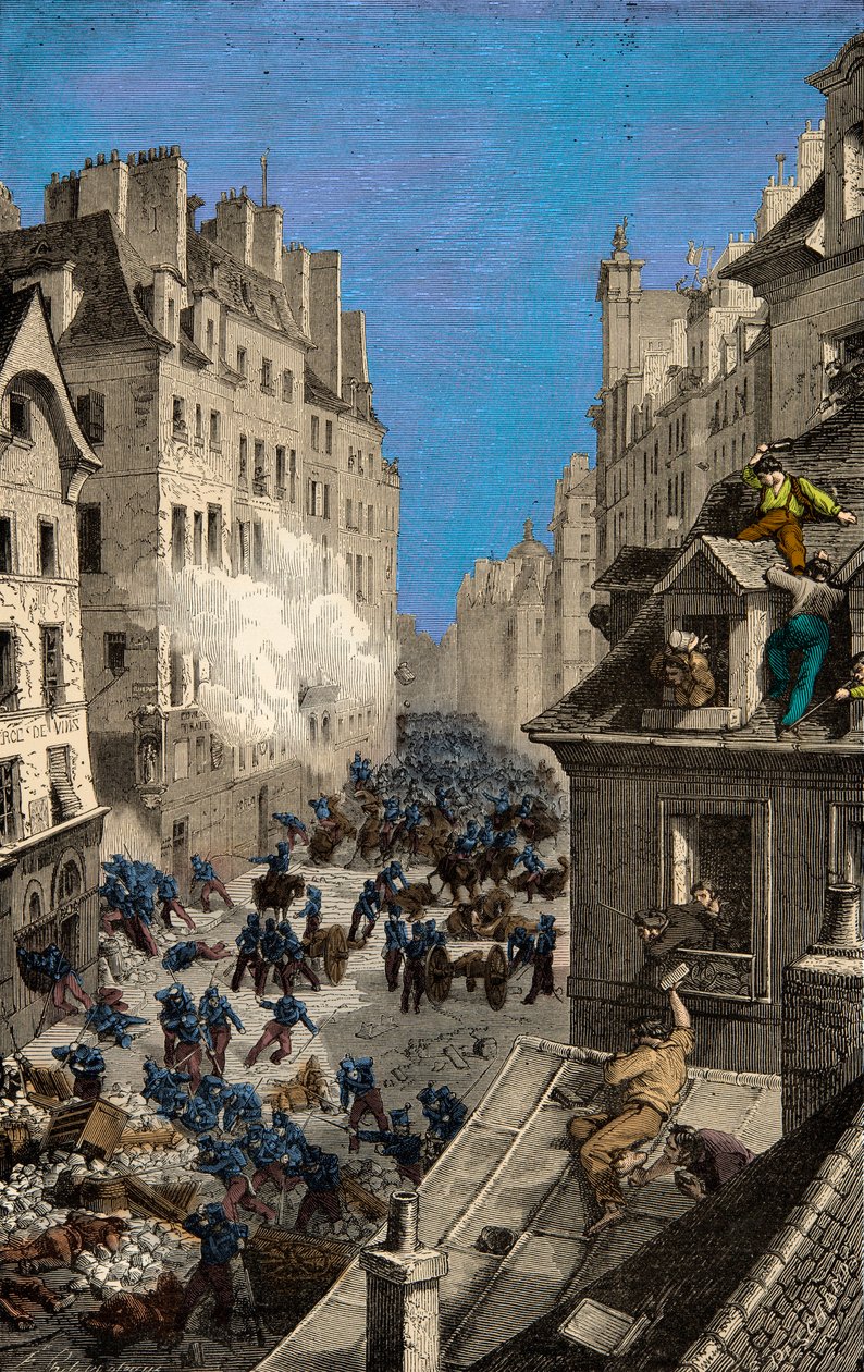 Slag bij de barricade van de Rue Saint Antoine in 1830. Gravure. Privécollectie door Anonymous Anonymous