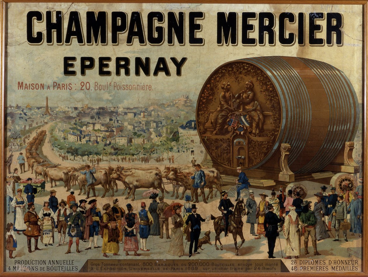 Grote vat champagne tentoongesteld op de Expo Universelle van 1889 - Reclameposter voor Mercier champagne, eind 19e eeuw door Anonymous Anonymous