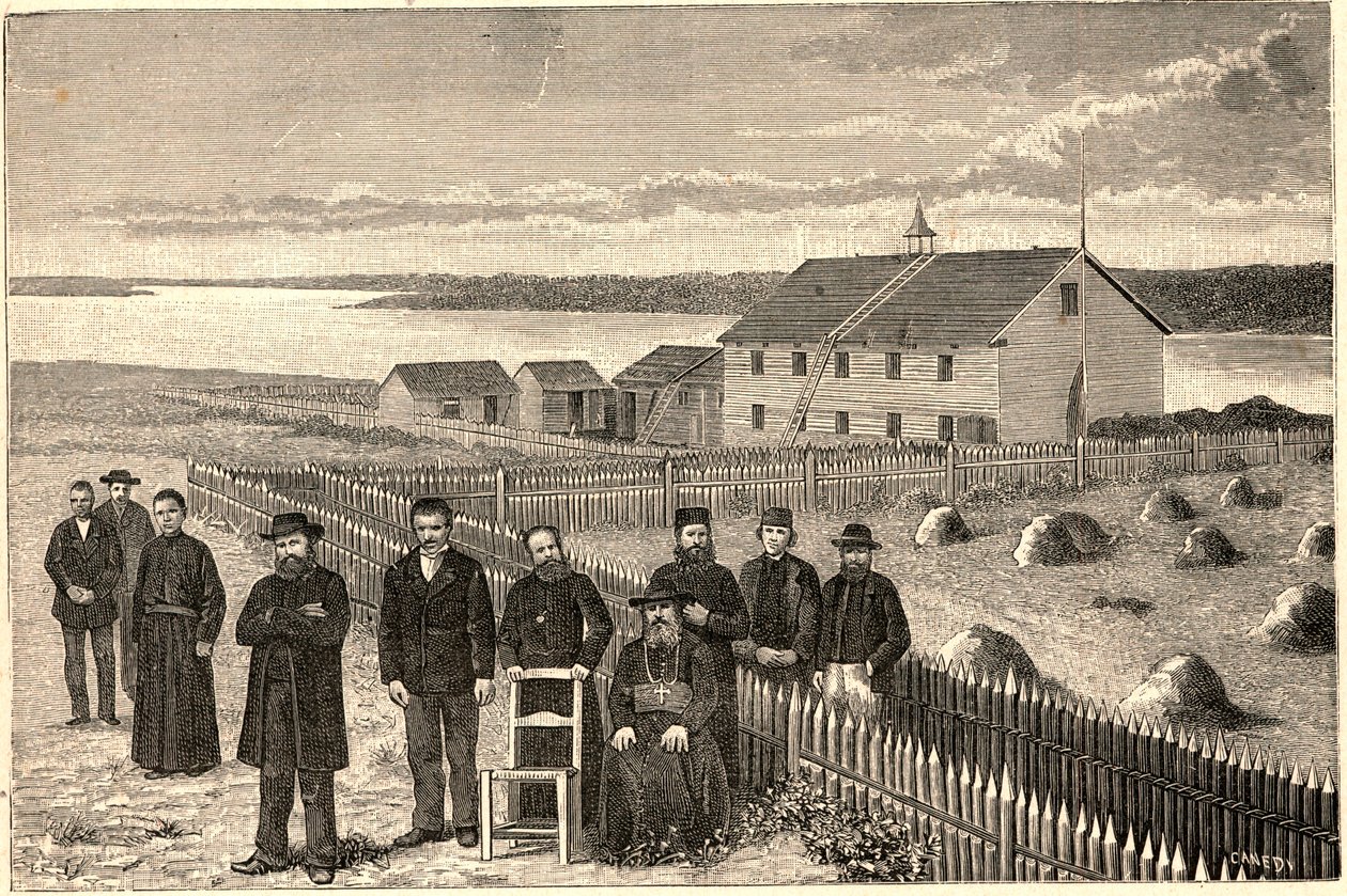 Bisschop Isidore Clut (1832-1903), R.P. Le Corre en andere leden van de Providence Mission in Athabaska Mackenzie in Canada aan het einde van de 19e eeuw. Gravure in 