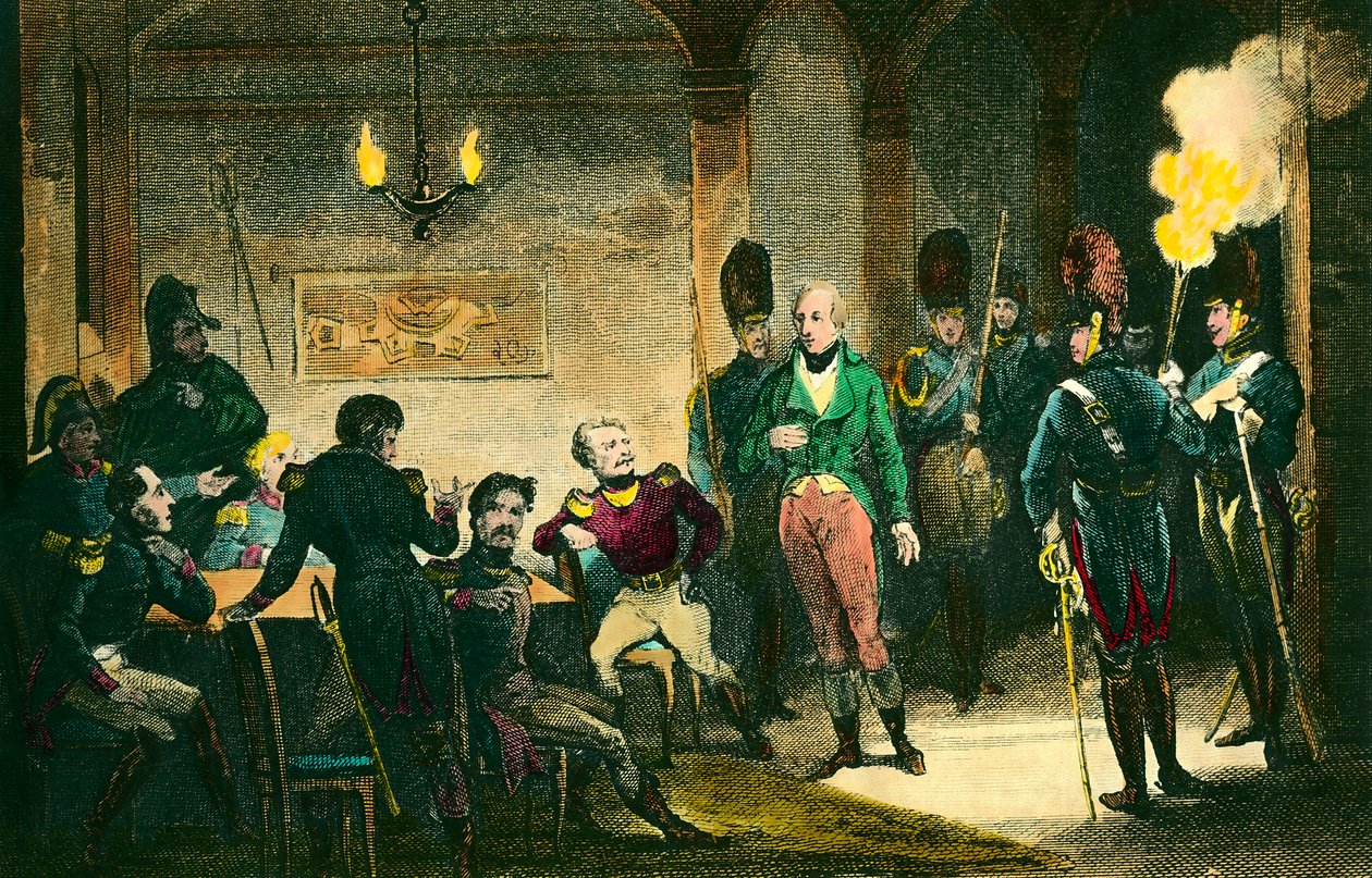 Zaak van Louis de Bourbon, hertog van Enghien (1772-1804): scène van het proces van de prins die verdacht wordt van samenzwering tegen de eerste consul Napoleon Bonaparte, hij werd zonder bewijs veroordeeld en geëxecuteerd. Gravure uit 1804. Privécollectie door Anonymous Anonymous
