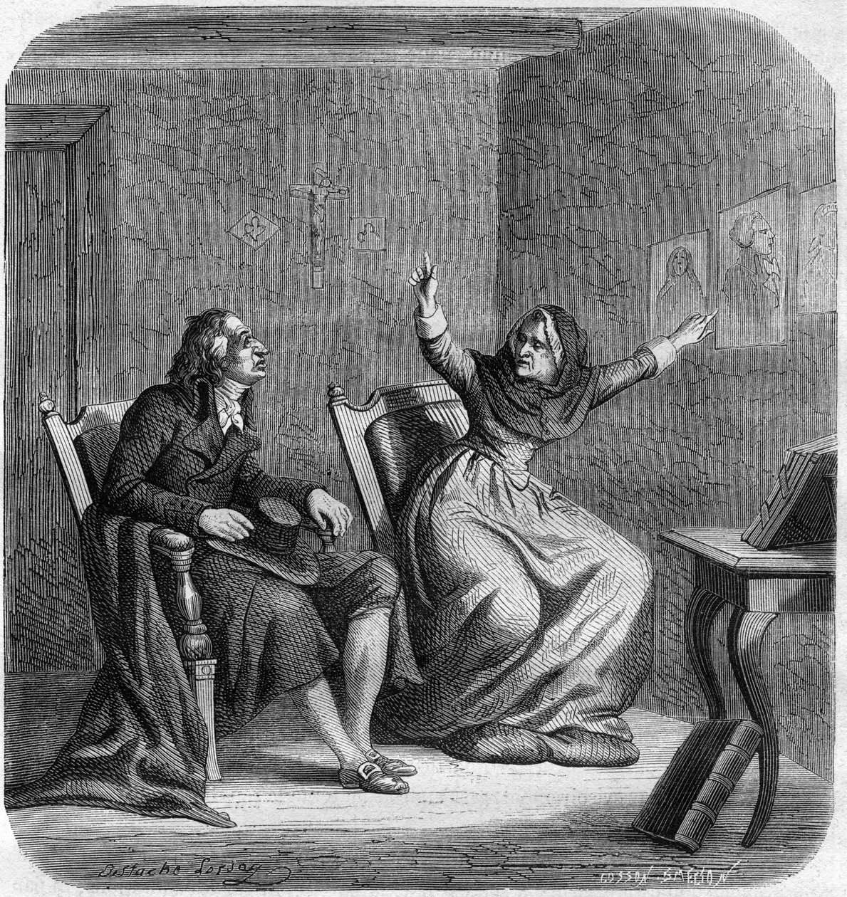 Catherine Theot (1716-1794) mystica en Franse visionair met Antoine Christophe Gerle, genaamd Dom Gerle (1736-1801) - Gravure in 