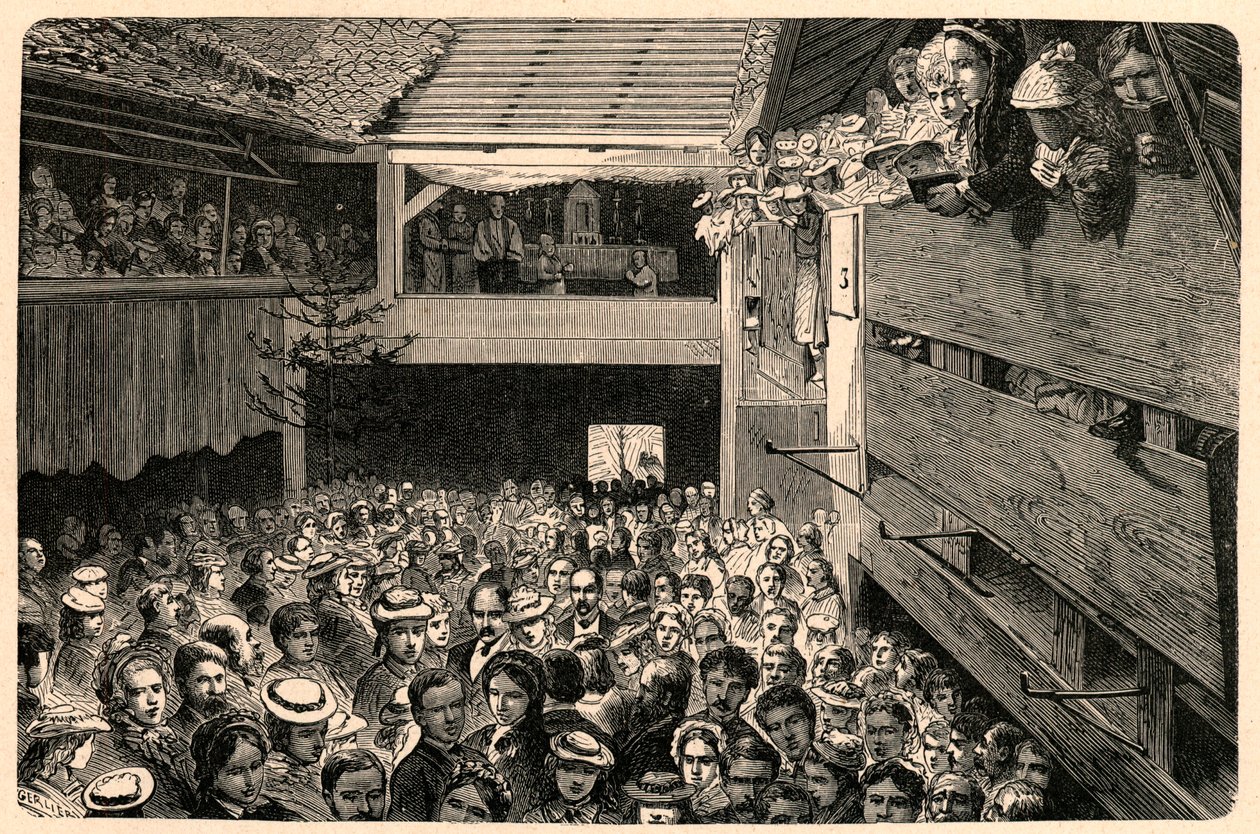 Viering van de katholieke eredienst in Porrentruy, Zwitserland in 1874, naar een foto. Gravure in Les Missions Catholiques au XIXe Siècle door Louis-Eugene Louvet. Privécollectie. door Anonymous Anonymous