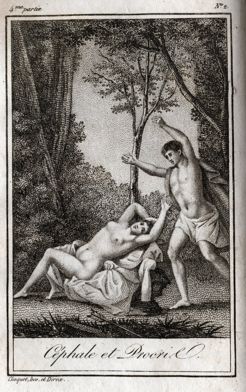 Cephale en Procris (Cephalus) liefdespaar. Gravure uit 1819 in 