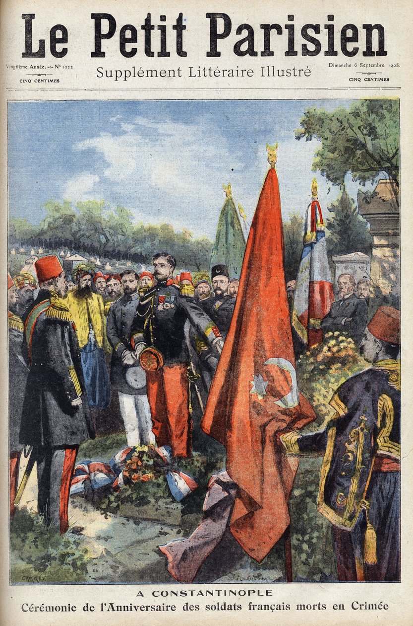 Ceremonie in Constantinopel van het Byzantijnse Rijk (Istanbul, Turkije) voor de verjaardag van de Franse soldaten die stierven in de Krim. In 