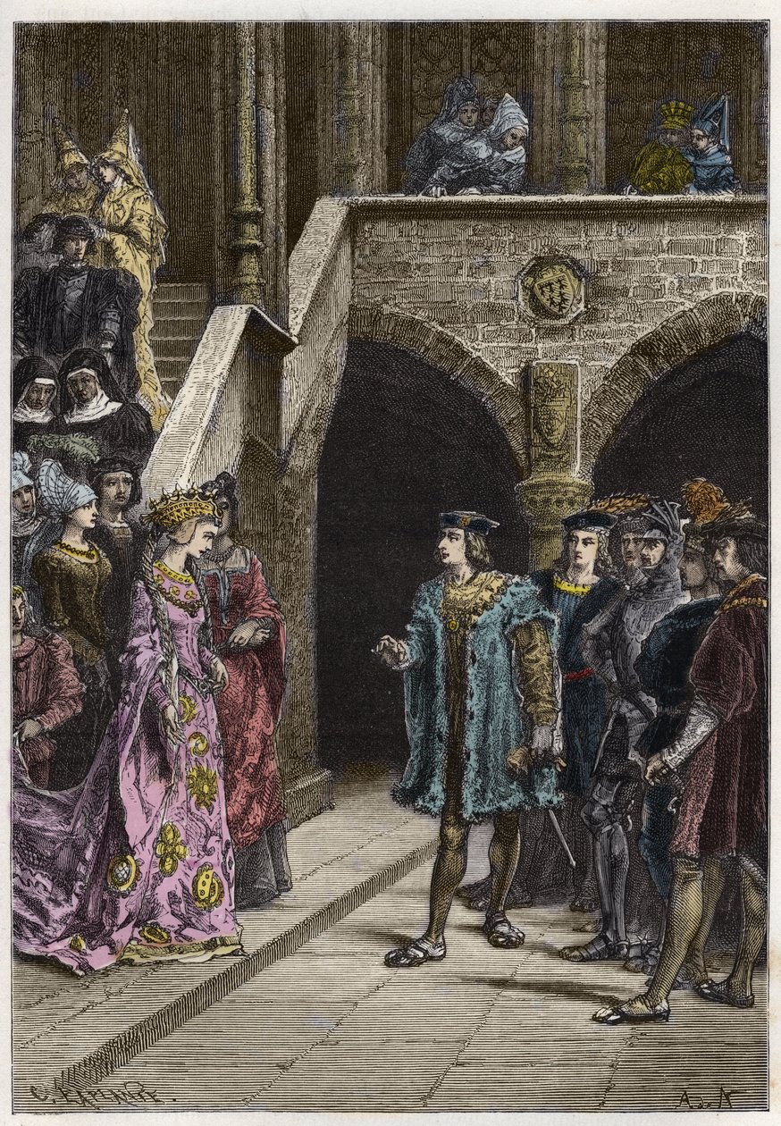 Karel VIII en Anne de Bretagne - Ontmoeting tussen koning Karel VIII (1470-98) en koningin Anne van Bretagne - gravure uit 