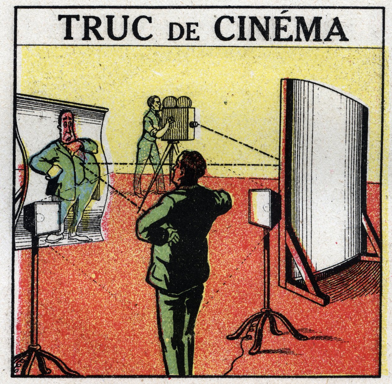 Cinematograaf: filmspullen. Vervormende spiegels geven de illusie van het filmen van monsters. Anonieme illustratie uit 1925. Privécollectie. door Anonymous Anonymous