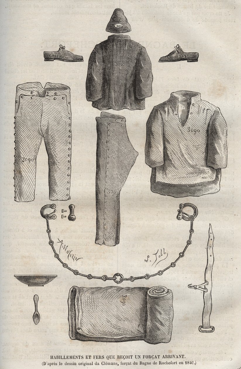 Kleding en kettingen ontvangen door een forcat bij aankomst in de Rochefort bagne in de 19e eeuw (naar de originele tekening van Clemans, forcat du bagne in 1840). Gravure in 