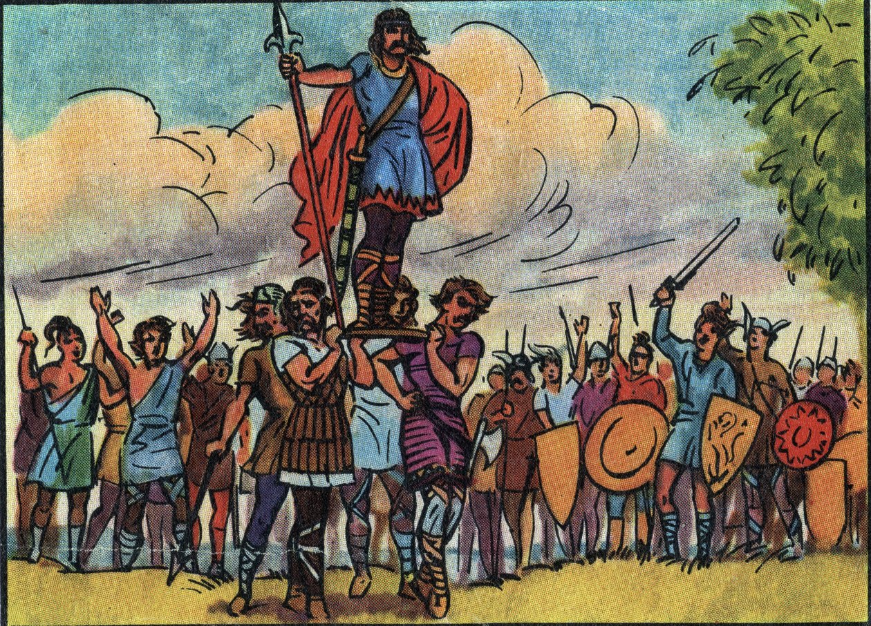 Clovis (koning van de Franken van 481 tot 511) werd tot koning gekozen door de Salische Franken die hem op het schild droegen terwijl ze door het kamp trokken. Anonieme illustratie in 